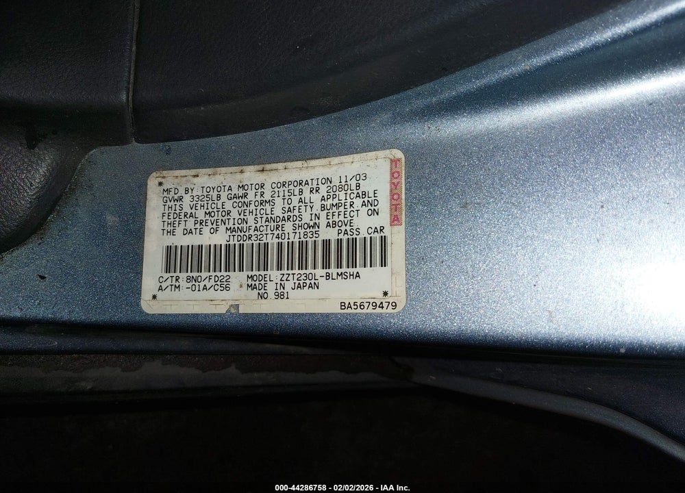 2004 TOYOTA CELICA GT VIN: JTDDR32T740171835