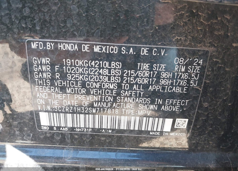 2025 HONDA HR-V 2WD LX VIN: 3CZRZ1H32SM717818