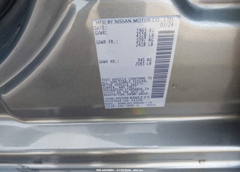 2024 NISSAN ALTIMA SV FWD VIN: 1N4BL4DV2RN400225