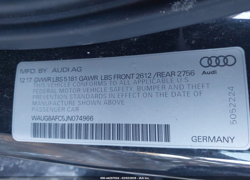 2018 AUDI A6 2.0T PREMIUM VIN: WAUG8AFC5JN074966