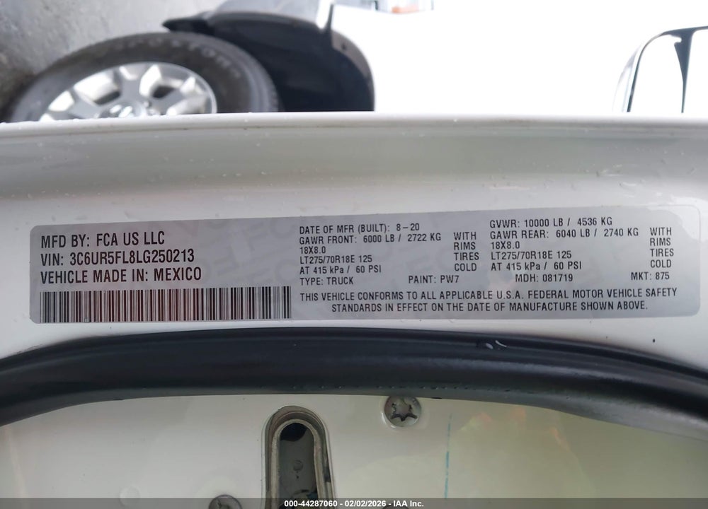 2020 RAM 2500 LAIE  4X4 6'4 BOX VIN: 3C6UR5FL8LG250213