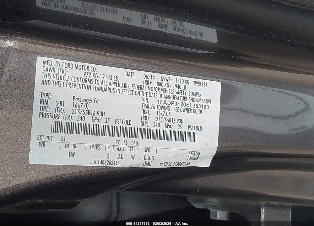 2014 FORD FOCUS SE VIN: 1FADP3F20EL353163