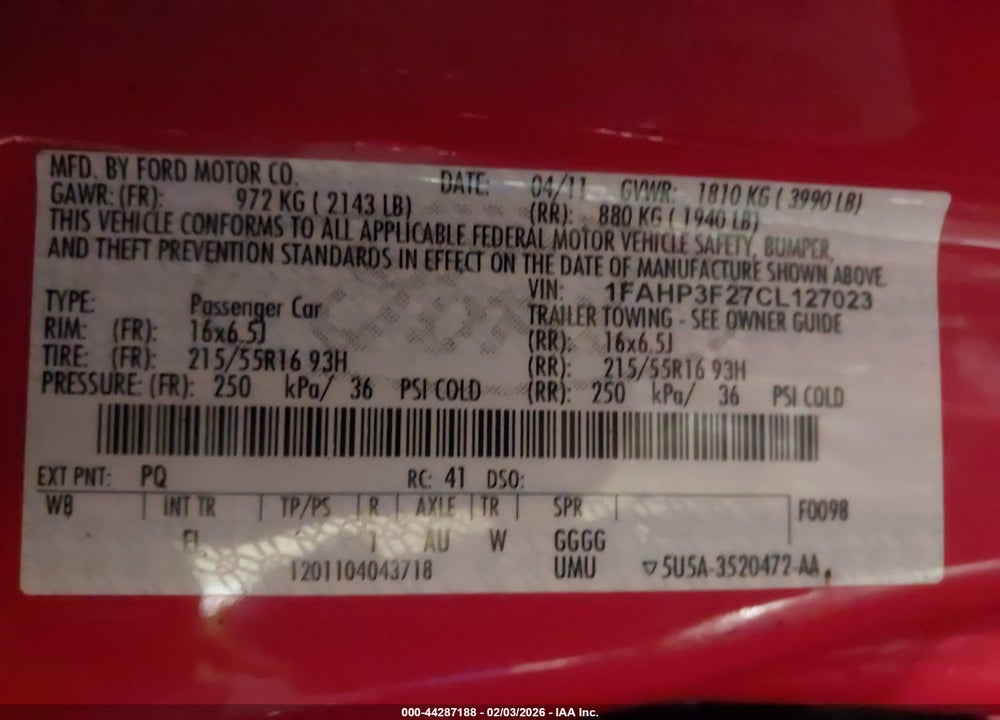 2012 FORD FOCUS SE VIN: 1FAHP3F27CL127023