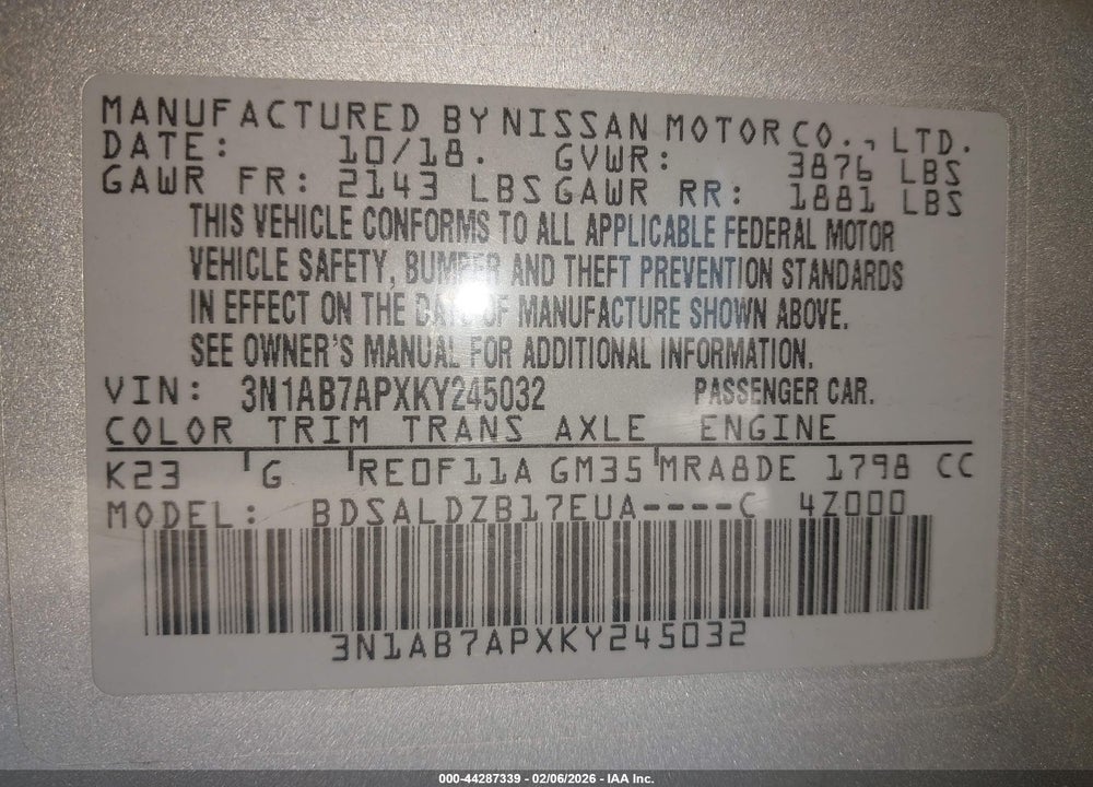 2019 NISSAN SENTRA SV VIN: 3N1AB7APXKY245032