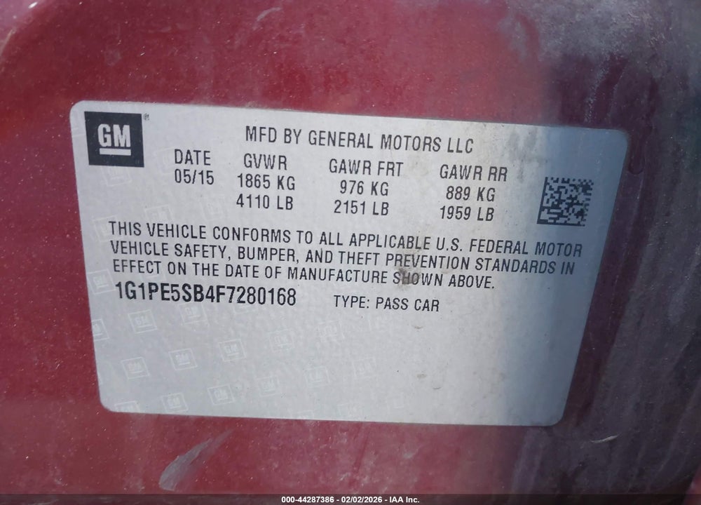 2015 CHEVROLET CRUZE 2LT AUTO VIN: 1G1PE5SB4F7280168