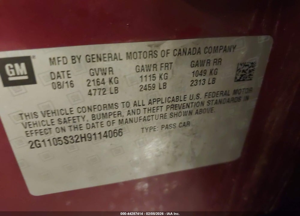 2017 CHEVROLET IMPALA 1LT VIN: 2G1105S32H9114066
