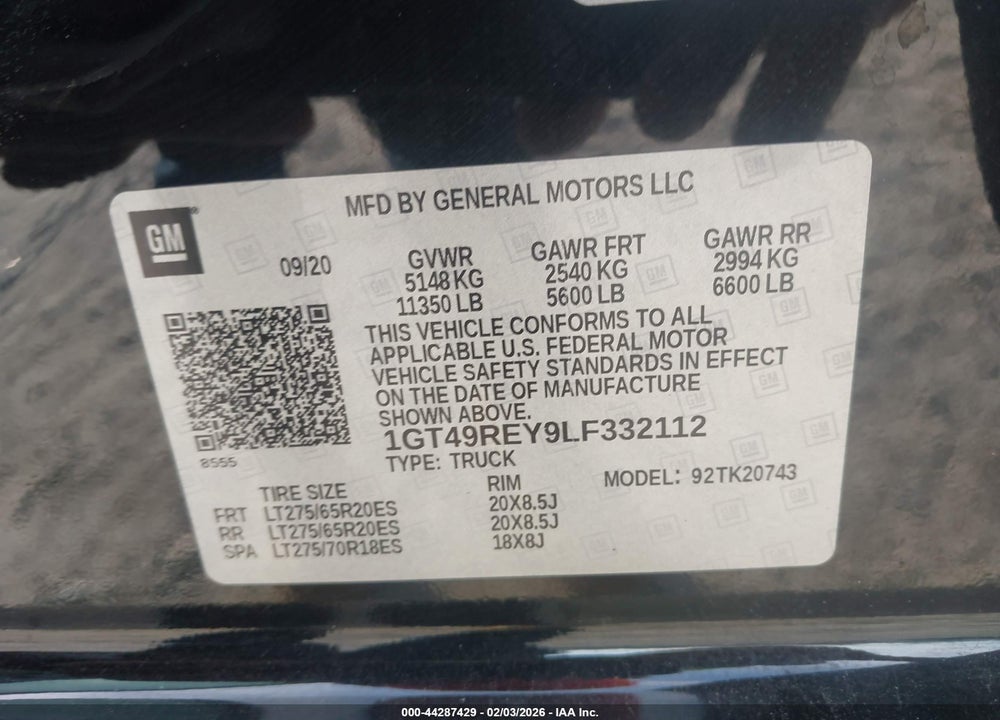 2020 GMC SIERRA 2500HD 4WD  STANDARD BED DENALI VIN: 1GT49REY9LF332112