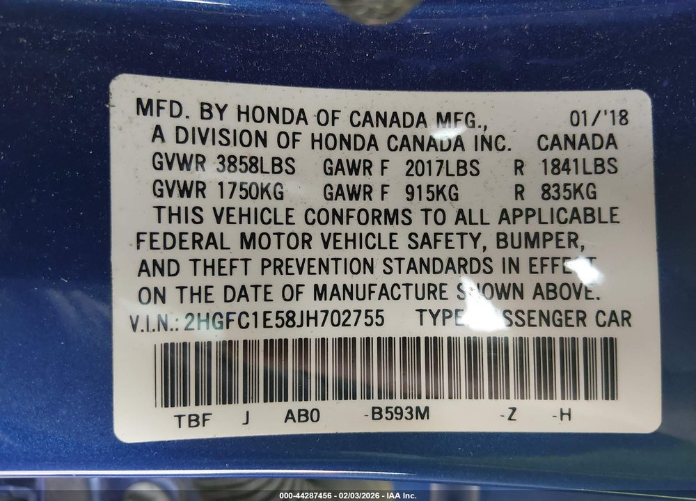 2018 HONDA CIVIC SI VIN: 2HGFC1E58JH702755