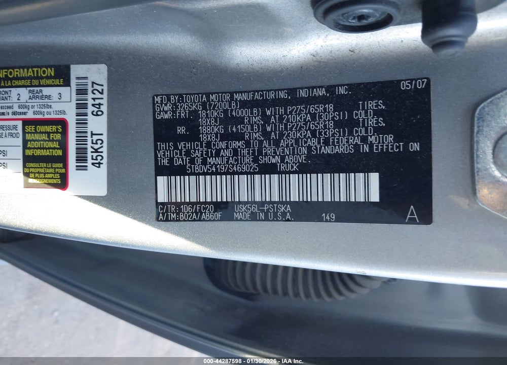 2007 TOYOTA TUNDRA SR5 5.7L V8 VIN: 5TBDV54197S469025