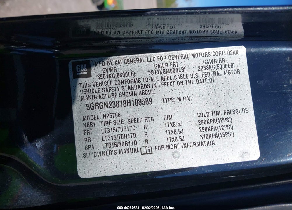 2008 HUMMER H2 SUV VIN: 5GRGN23878H108589