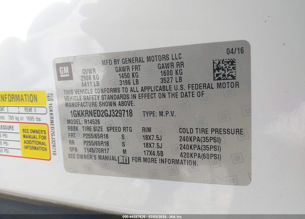 2016 GMC ACADIA SLE-1 VIN: 1GKKRNED2GJ329718