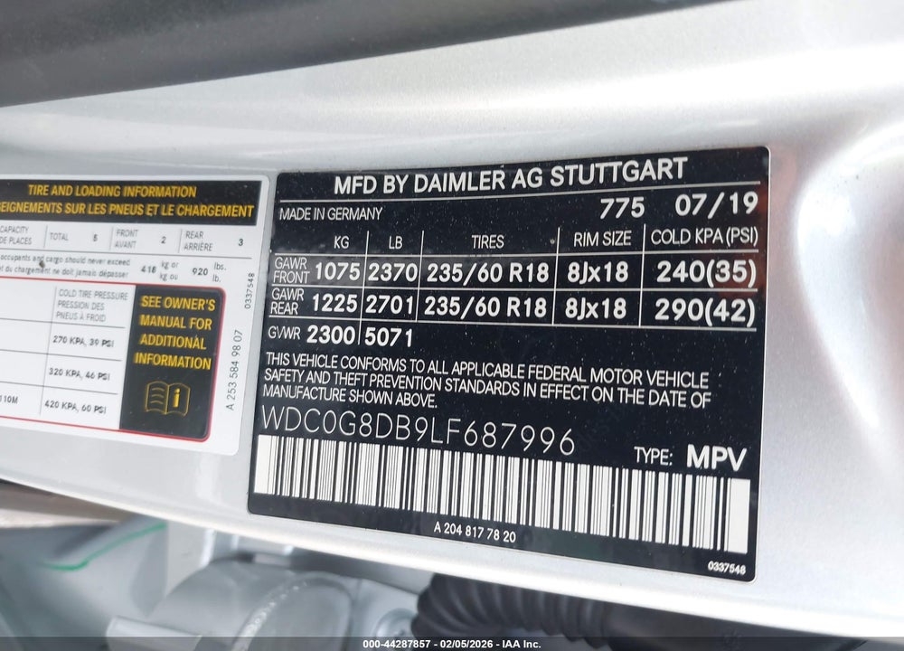2020 MERCEDES-BENZ GLC 300 VIN: WDC0G8DB9LF687996