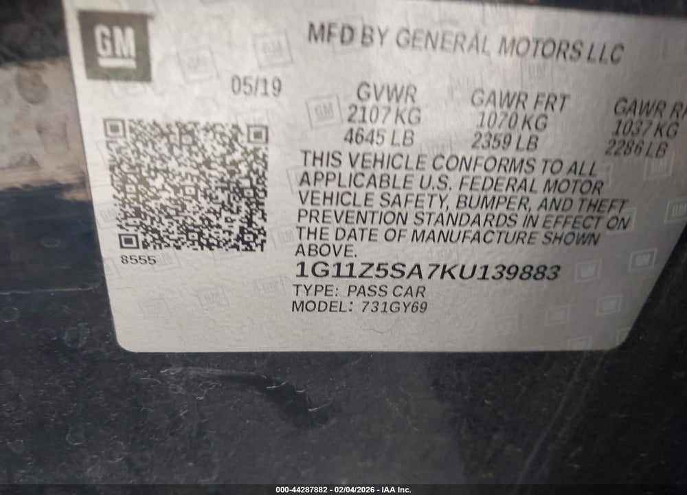 2019 CHEVROLET IMPALA LT VIN: 1G11Z5SA7KU139883