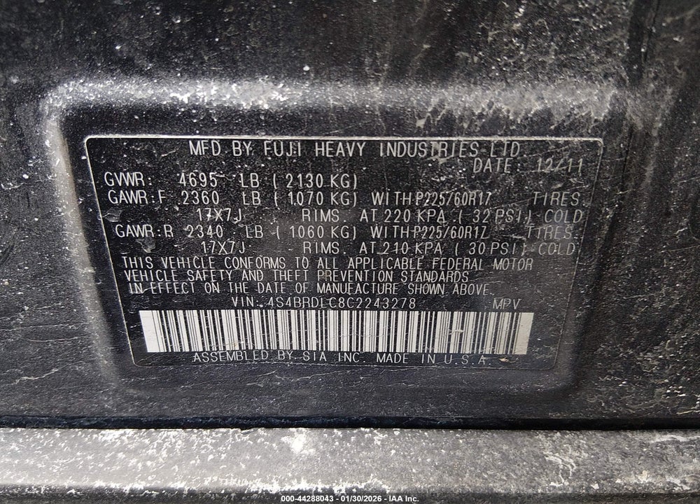 2012 SUBARU OUTBACK 3.6R LIMITED VIN: 4S4BRDLC8C2243278