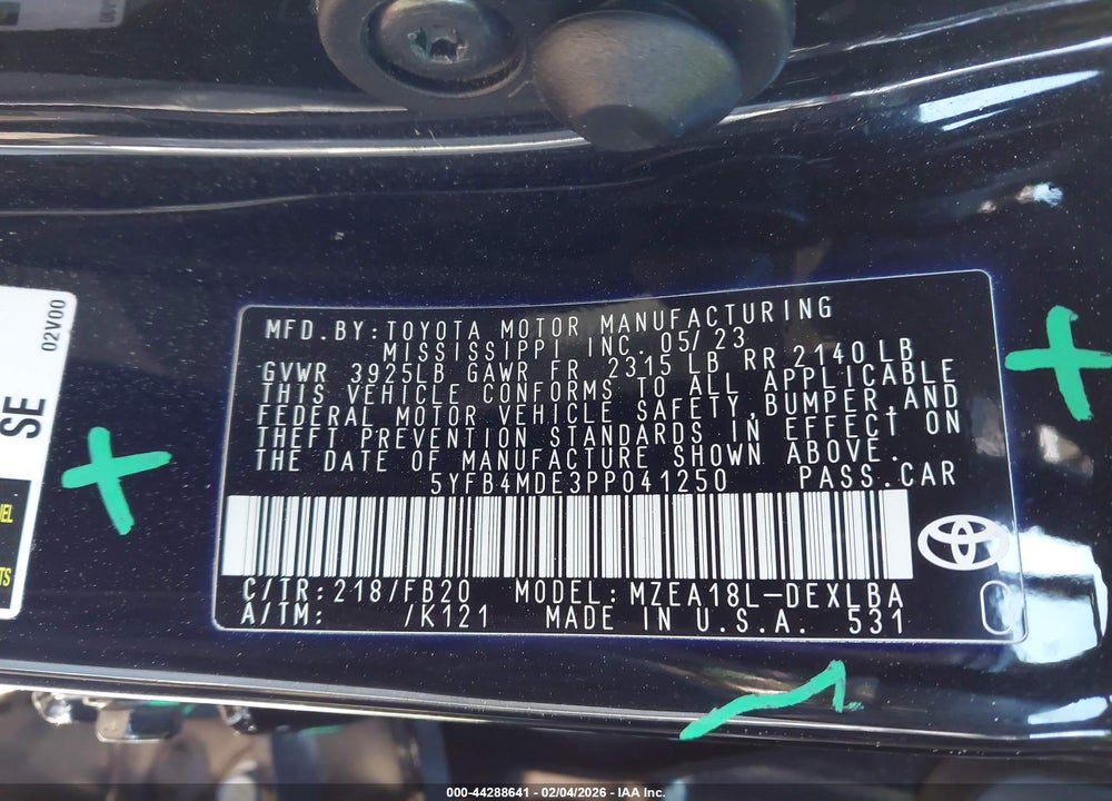 2023 TOYOTA COROLLA LE VIN: 5YFB4MDE3PP041250