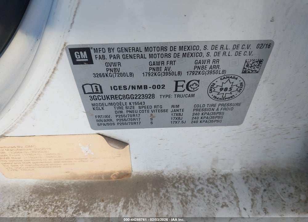 2016 CHEVROLET SILVERADO 1500 1LT VIN: 3GCUKREC8GG223928