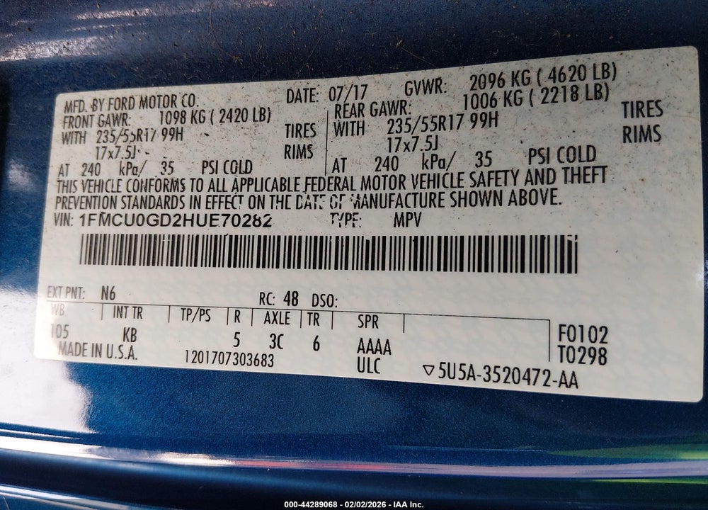 2017 FORD ESCAPE SE VIN: 1FMCU0GD2HUE70282