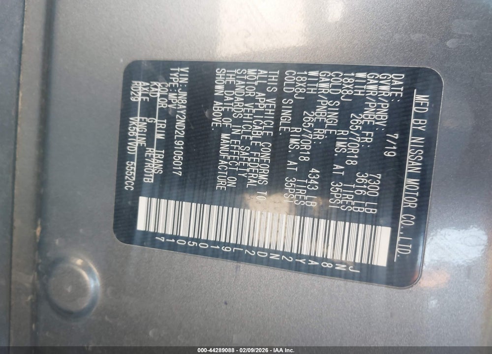 2020 NISSAN ARMADA SV 2WD VIN: JN8AY2ND2L9105017