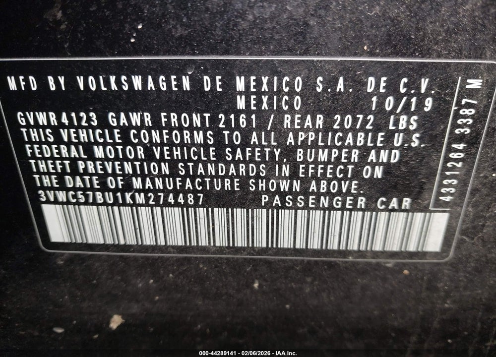 2019 VOLKSWAGEN JETTA 1.4T R-LINE/1.4T S/1.4T SE VIN: 3VWC57BU1KM274487