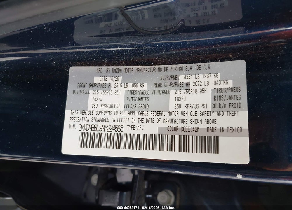 2021 MAZDA CX-30 SELECT VIN: 3MVDMBBL9MM224586