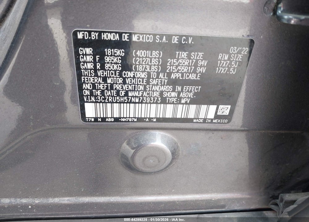 2022 HONDA HR-V 2WD EX VIN: 3CZRU5H57NM739373