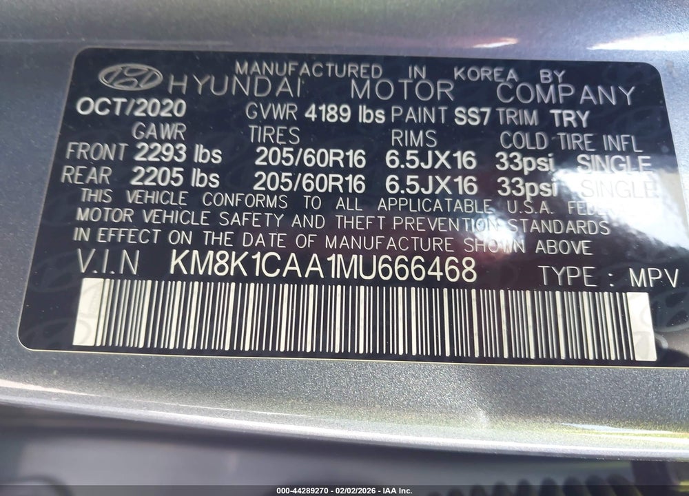 2021 HYUNDAI KONA SE VIN: KM8K1CAA1MU666468