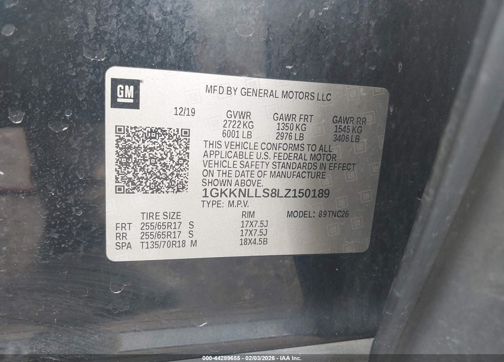 2020 GMC ACADIA AWD AT4 VIN: 1GKKNLLS8LZ150189