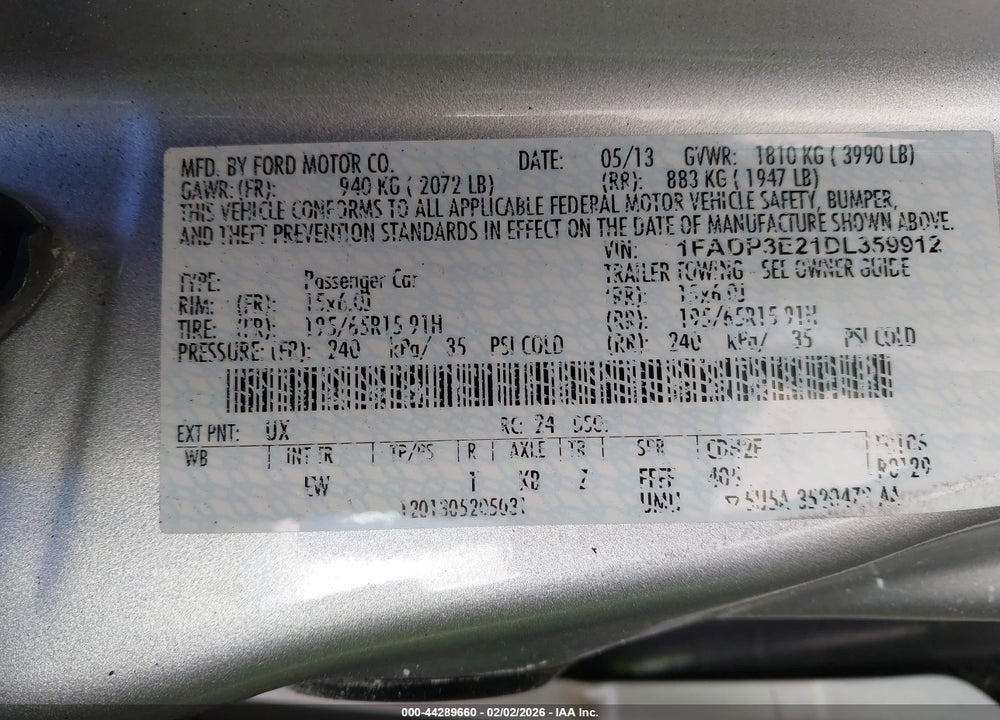 2013 FORD FOCUS S VIN: 1FADP3E21DL359912