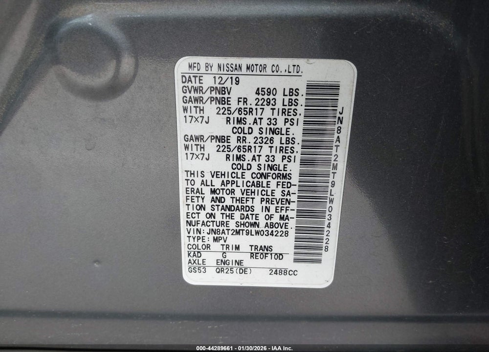 2020 NISSAN ROGUE S FWD VIN: JN8AT2MT9LW034228