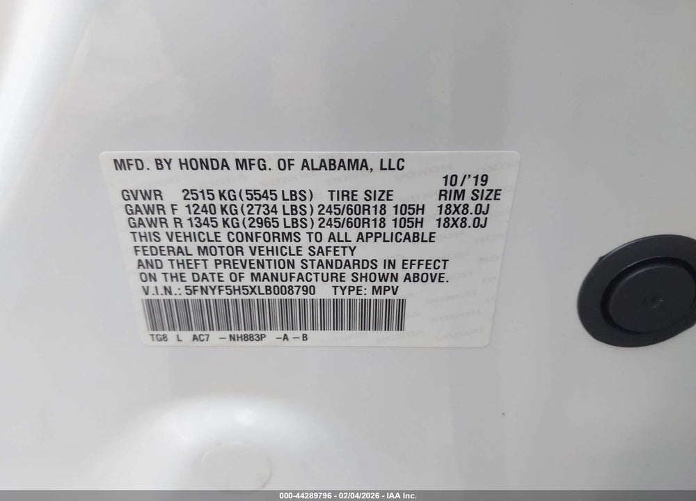 2020 HONDA PILOT 2WD EX-L VIN: 5FNYF5H5XLB008790