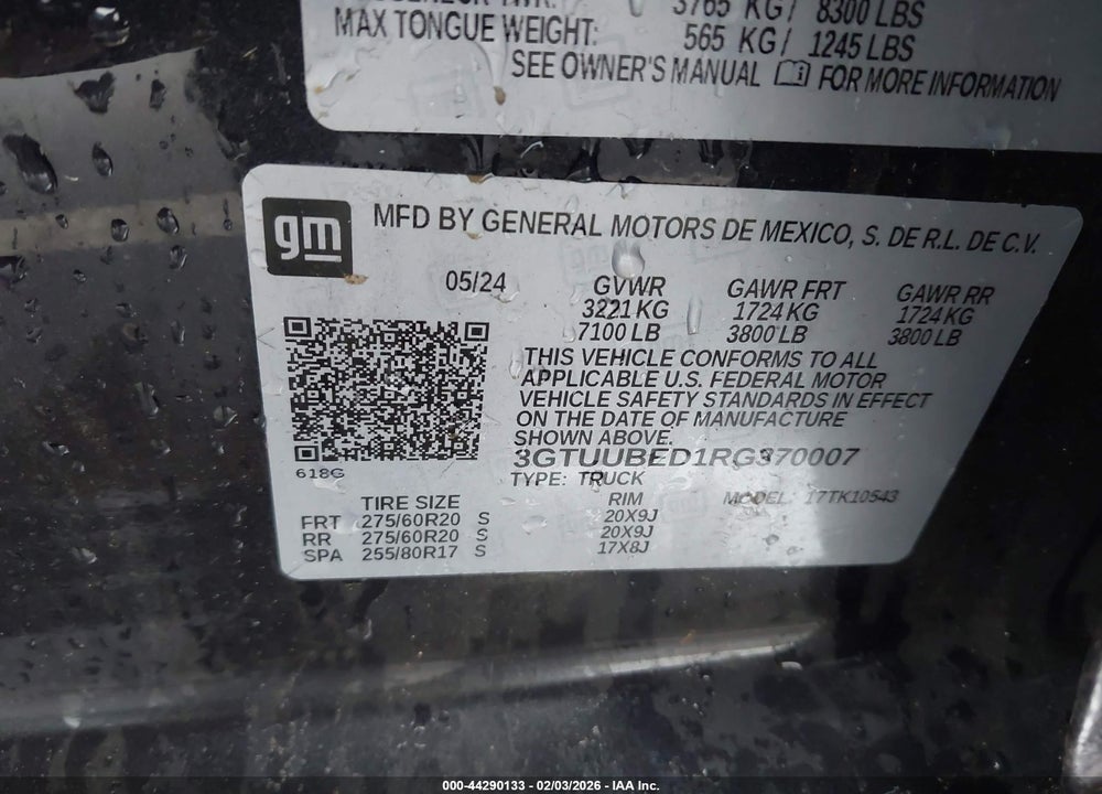 2024 GMC SIERRA 1500 4WD  SHORT BOX SLE VIN: 3GTUUBED1RG370007