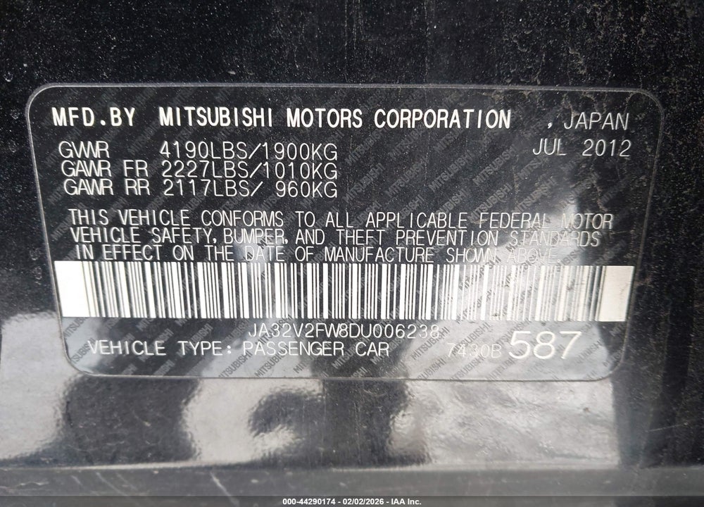 2013 MITSUBISHI LANCER SE VIN: JA32V2FW8DU006238