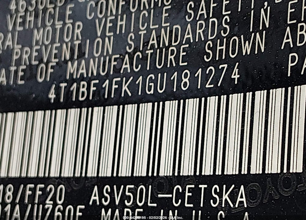2016 TOYOTA CAMRY SE VIN: 4T1BF1FK1GU181274