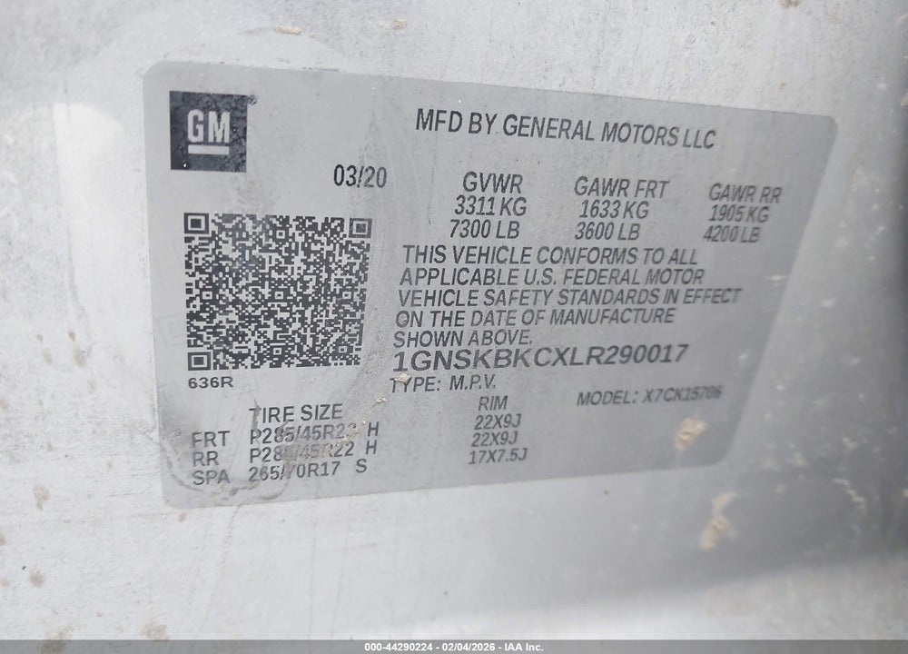 2020 CHEVROLET TAHOE 4WD LT VIN: 1GNSKBKCXLR290017
