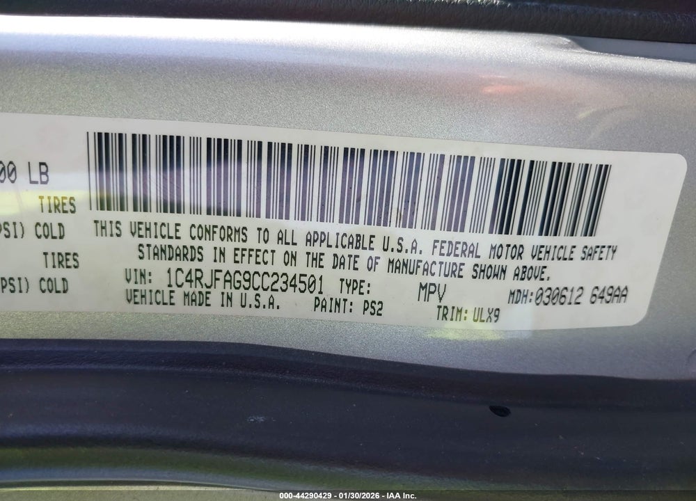 2012 JEEP GRAND CHEROKEE LAREDO VIN: 1C4RJFAG9CC234501