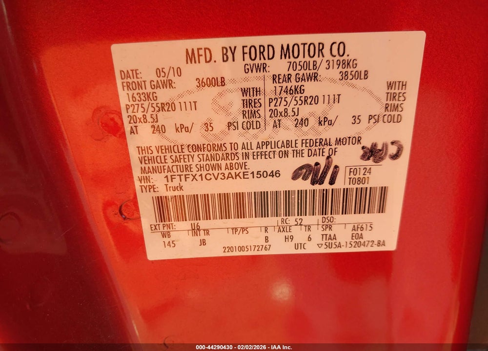 2010 FORD F-150 FX2 SPORT/LARIAT/XL/XLT VIN: 1FTFX1CV3AKE15046