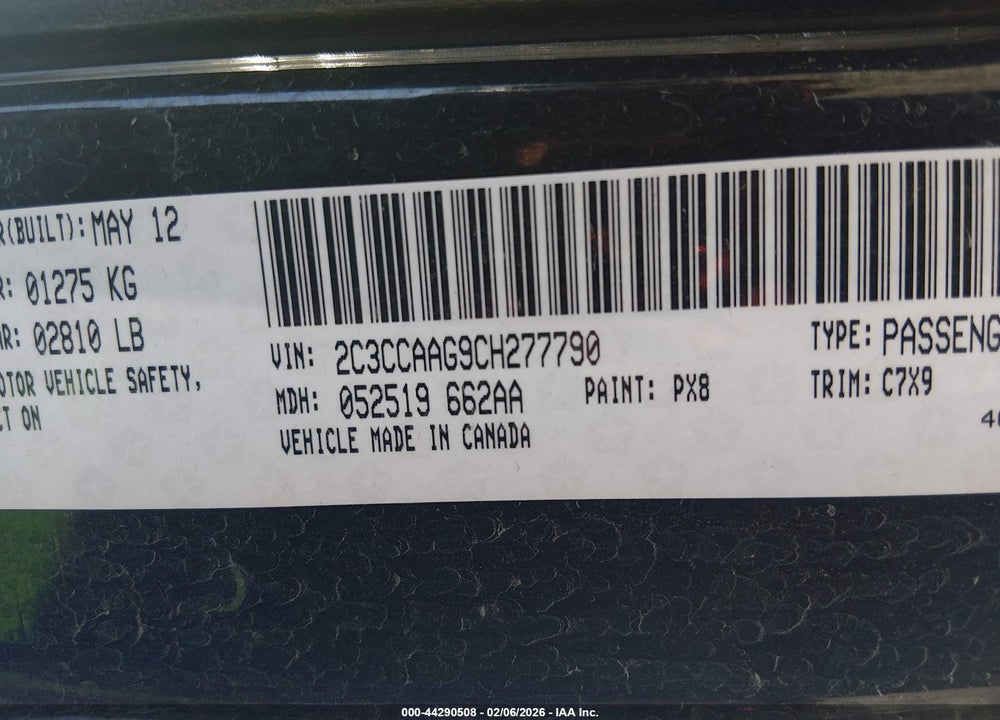 2012 CHRYSLER 300 VIN: 2C3CCAAG9CH277790