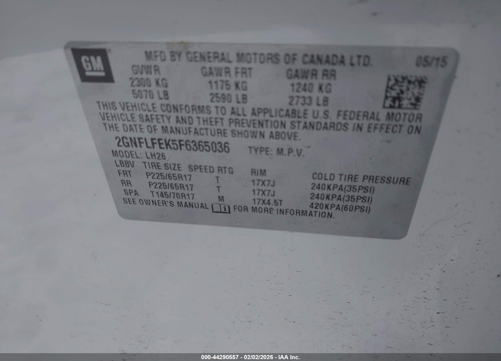 2015 CHEVROLET EQUINOX 1LT VIN: 2GNFLFEK5F6365036
