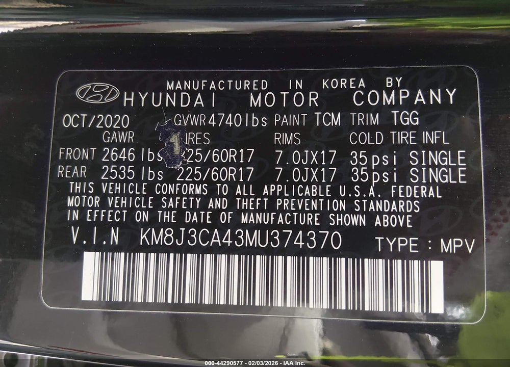 2021 HYUNDAI TUCSON VALUE VIN: KM8J3CA43MU374370