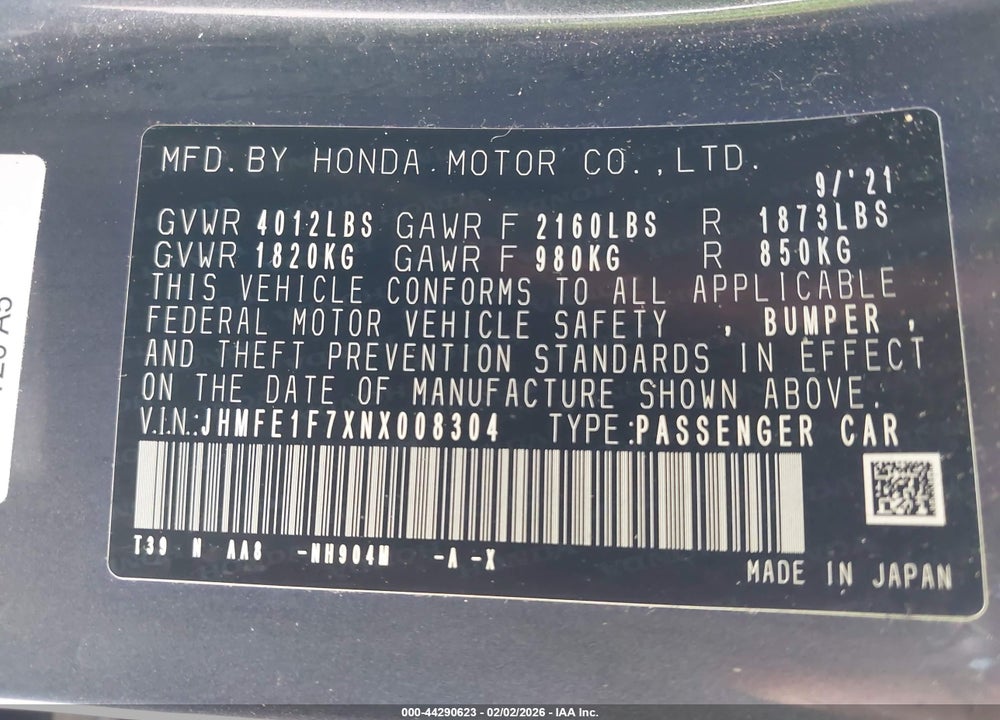 2022 HONDA CIVIC EX VIN: JHMFE1F7XNX008304