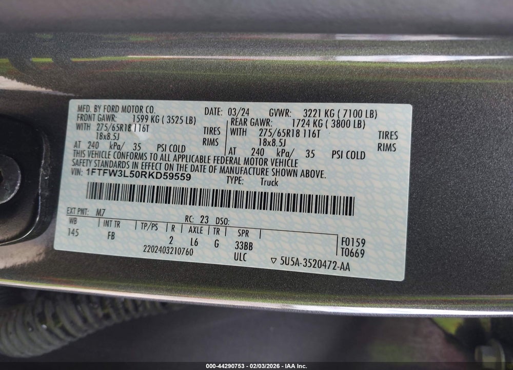 2024 FORD F-150 XLT VIN: 1FTFW3L50RKD59559