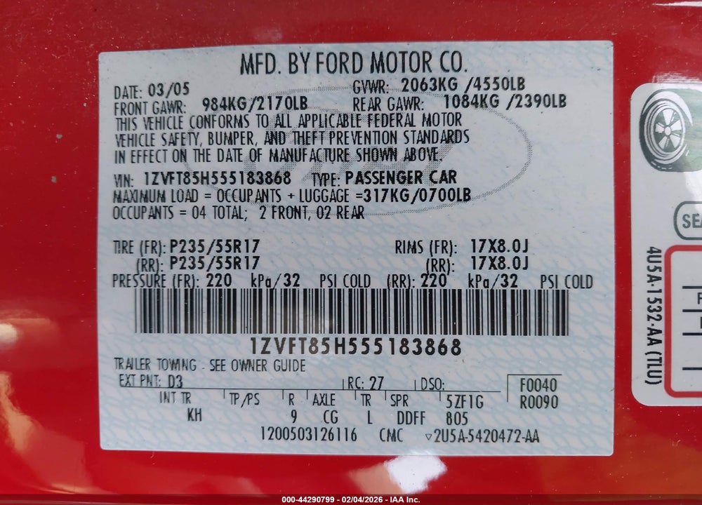 2005 FORD MUSTANG GT VIN: 1ZVFT85H555183868