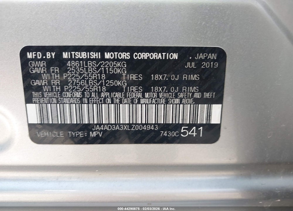 2020 MITSUBISHI OUTLANDER LE 2.4/SE 2.4/SEL 2.4/SP 2.4 VIN: JA4AD3A3XLZ004943