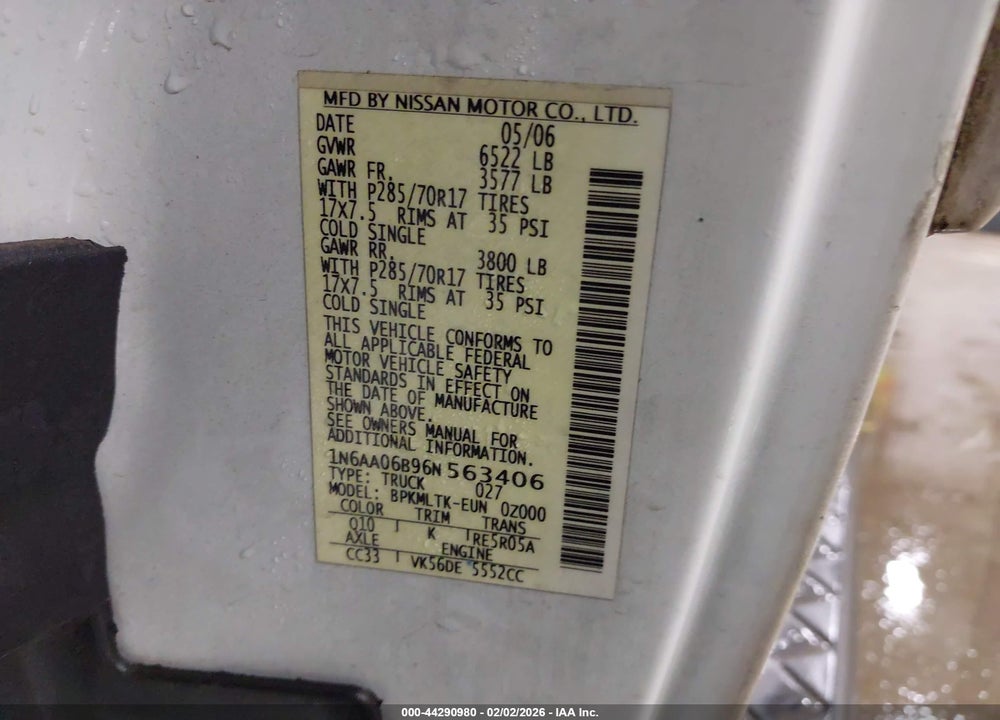 2006 NISSAN TITAN SE VIN: 1N6AA06B96N563406