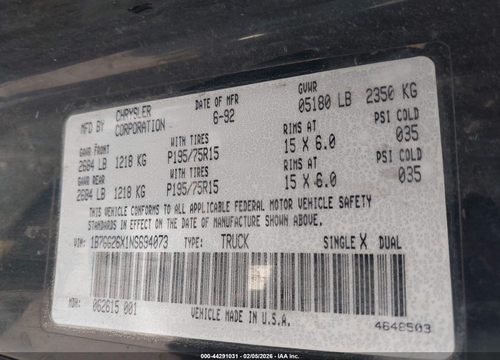 1992 DODGE DAKOTA VIN: 1B7GG26X1NS694073