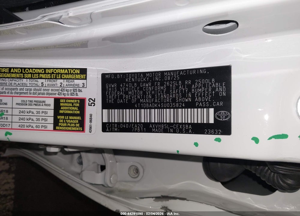 2025 TOYOTA CAMRY SE VIN: 4T1DBADK4SU035824