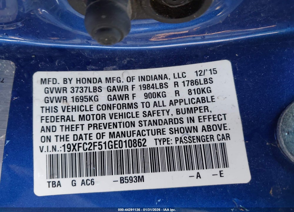 2016 HONDA CIVIC LX VIN: 19XFC2F51GE010862