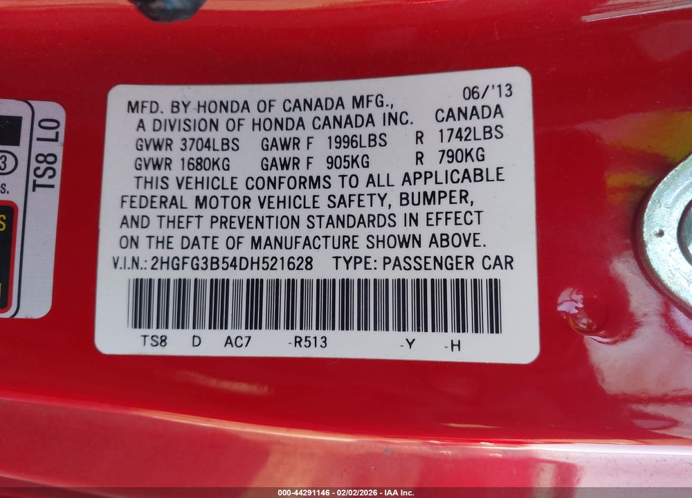 2013 HONDA CIVIC LX VIN: 2HGFG3B54DH521628