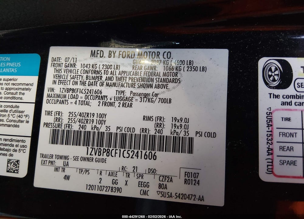 2012 FORD MUSTANG GT PREMIUM VIN: 1ZVBP8CF1C5241606