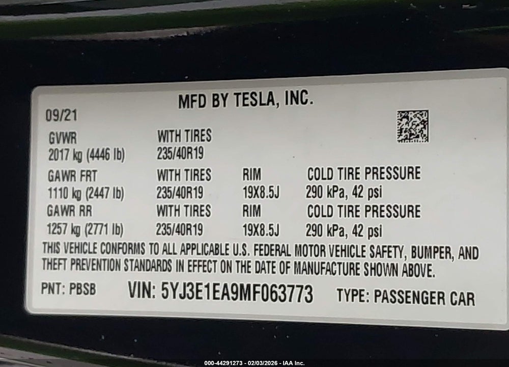 2021 TESLA MODEL 3 STANDARD RANGE PLUS REAR-WHEEL DRIVE VIN: 5YJ3E1EA9MF063773